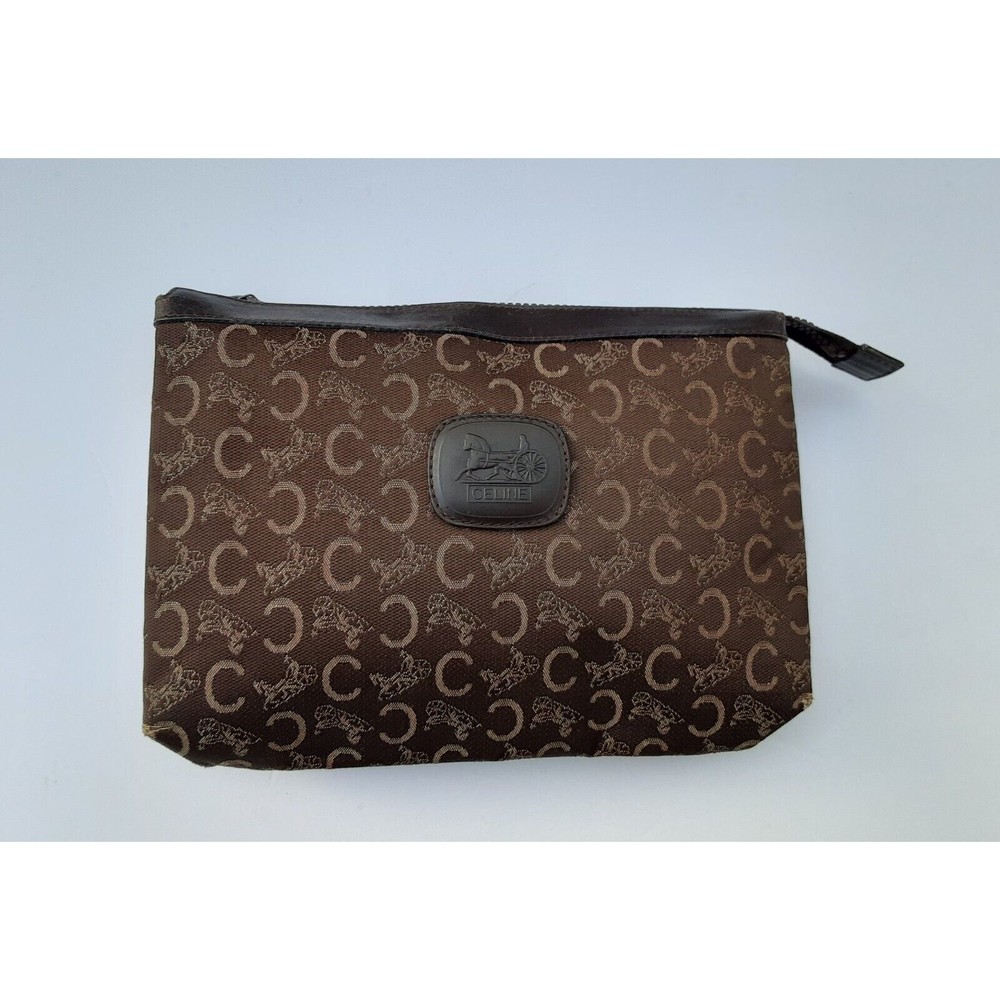 CELINE C Horse Carriage Clutch Bag Pouch Canvas Leather Brown Made In Italy